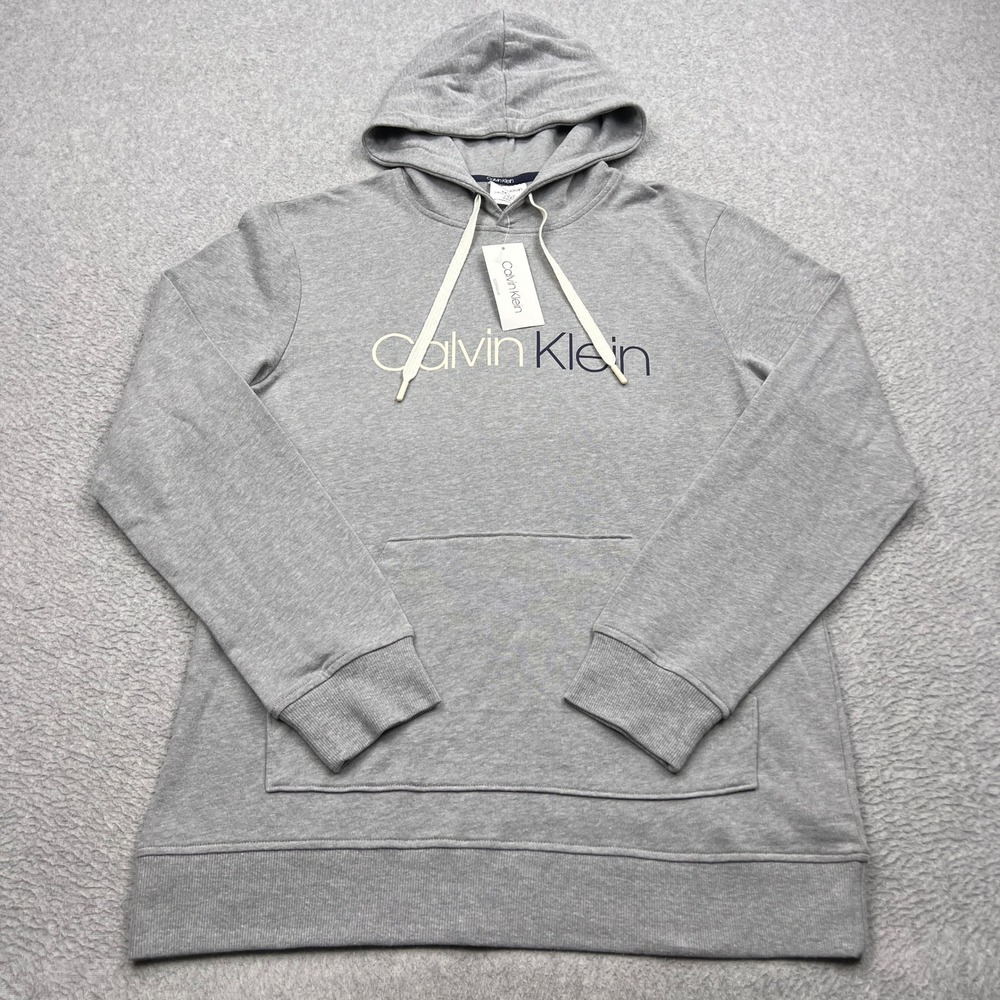 NEW Calvin Klein Hoodie Mens Medium Gray Heather Fleece Logo Pullover Sweatshirt